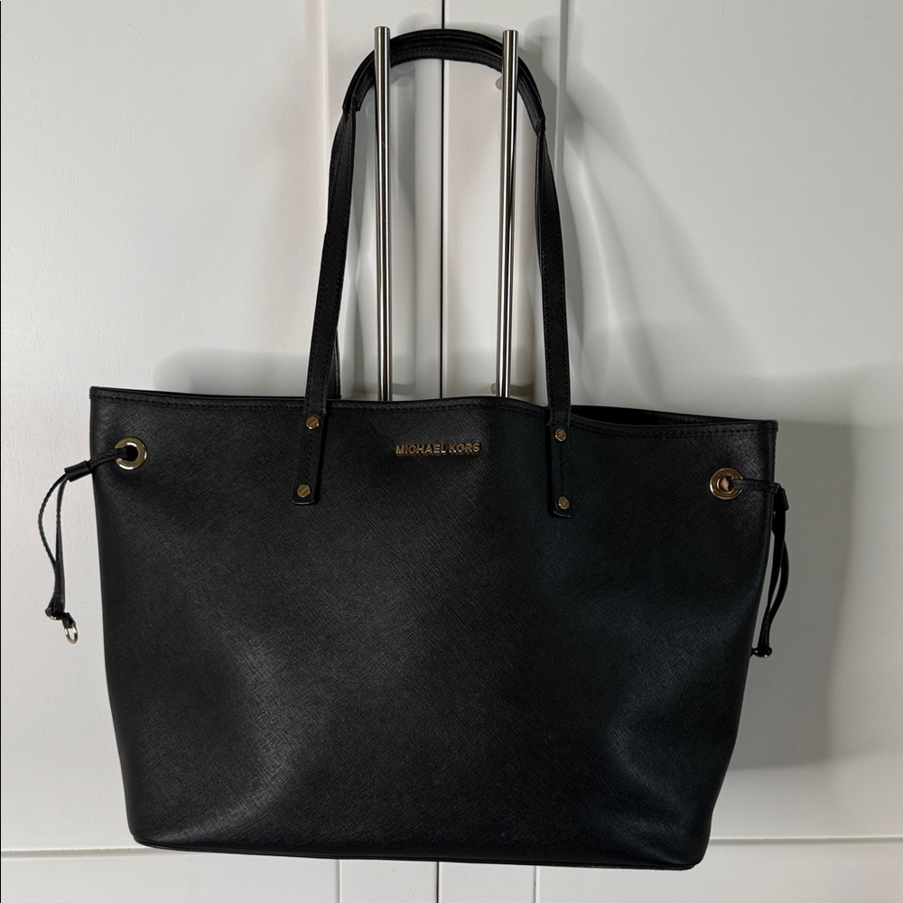Michael Kors Black Leather Saffiano Tote with Gold Accents